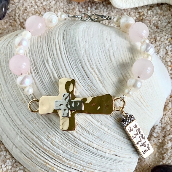 Christian Pearl & Gemstone Cross Charm Bracelet - Anchored in Faith - Picture 2 of 4